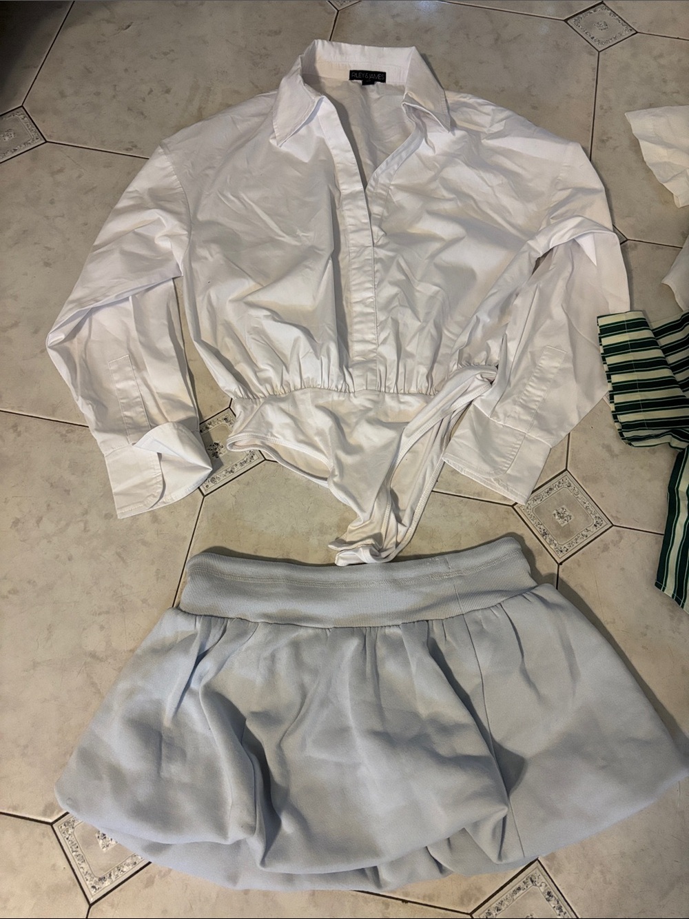 Woman's White Button Down Body Suit with Mini Puff Shirt by Love Theory